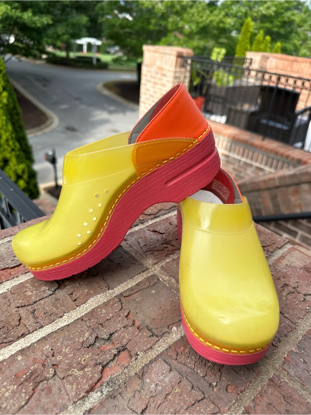 Dansko Yellow, Pink and Orange Platform Clogs size 7.